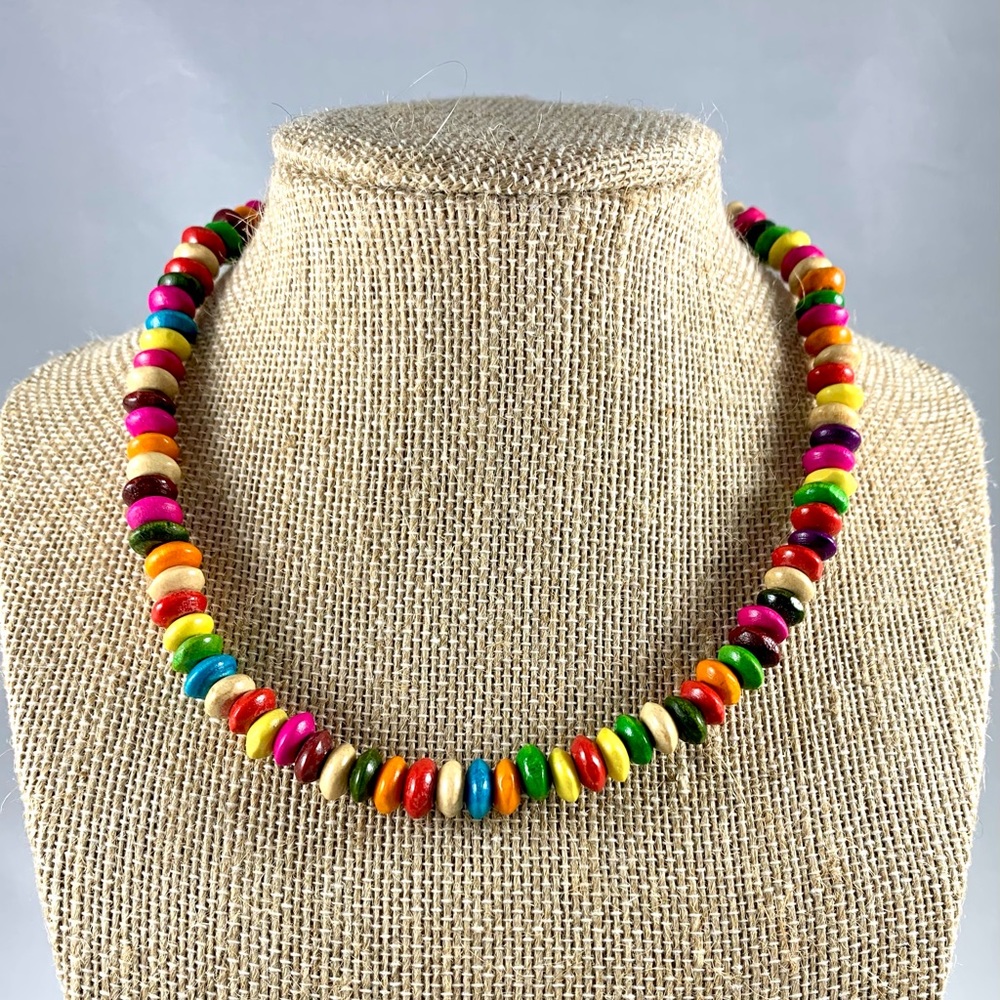 3/$15 multicolored wood disc bead necklace